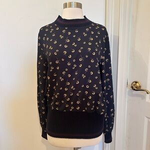 French Connection Navy Blue and Yellow Floral Ribbed Knit Cuff Sweater NWOT